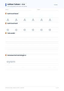 Muka surat latihan tulisan huruf A dengan garis panduan empat baris.