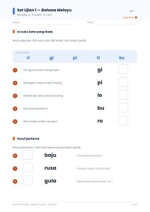 Set Ujian 1 Bahasa Melayu dengan soalan suku kata dan kotak pilihan jawapan.