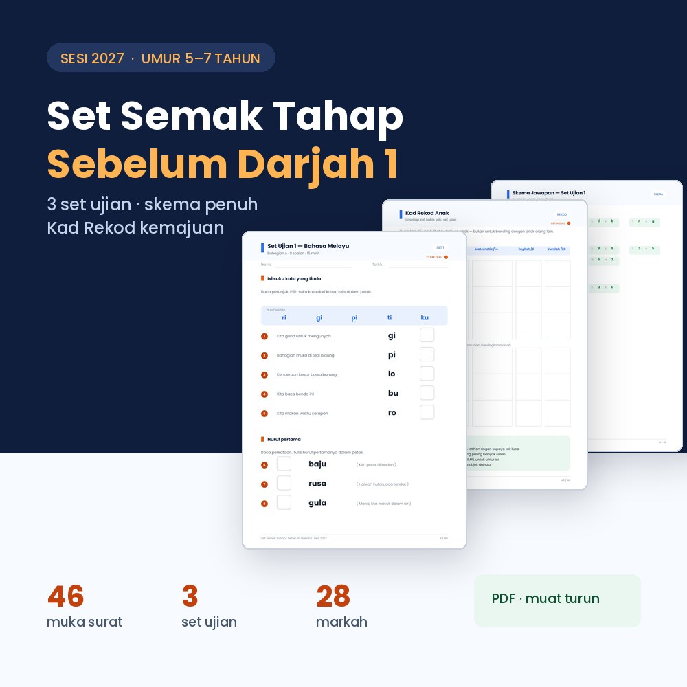 Set Semak Tahap Sebelum Darjah 1 — 46 muka surat, 3 set ujian, 28 markah, PDF muat turun