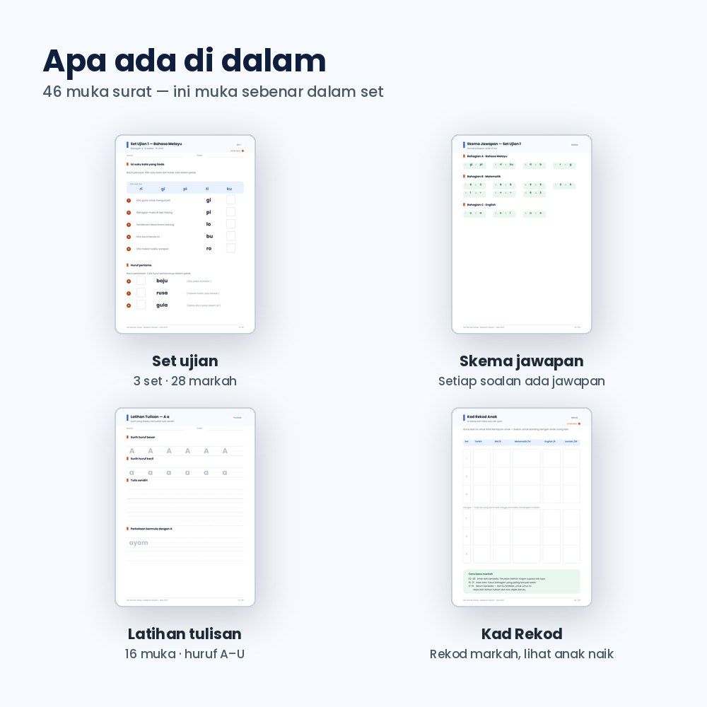 Empat muka surat sebenar dalam set: set ujian, skema jawapan, latihan tulisan dan Kad Rekod